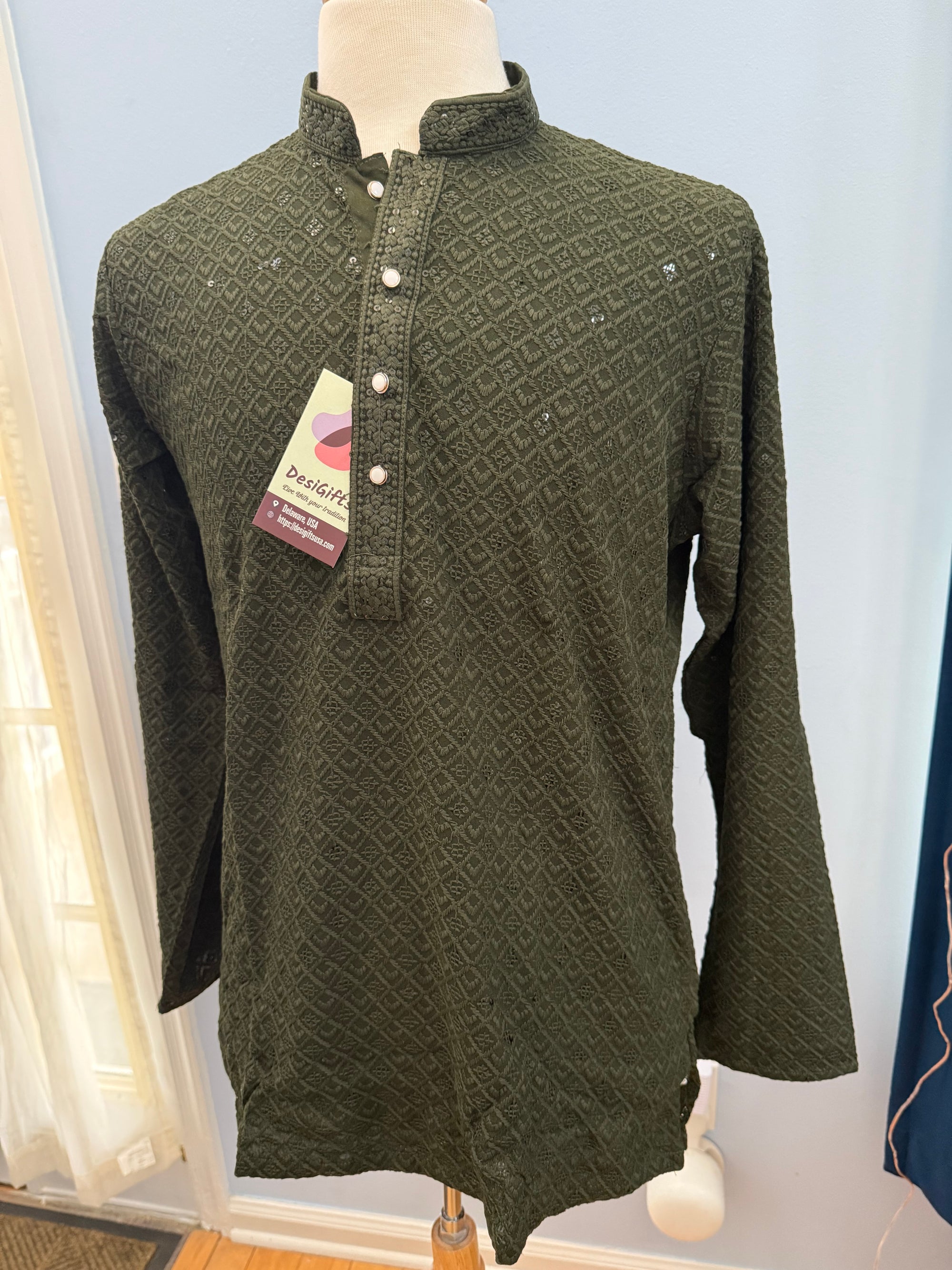 Shirt-Style Henna Green Chikankari Short Kurta with Sequins – Ethnic Casual Kurta-Design SK - 1932