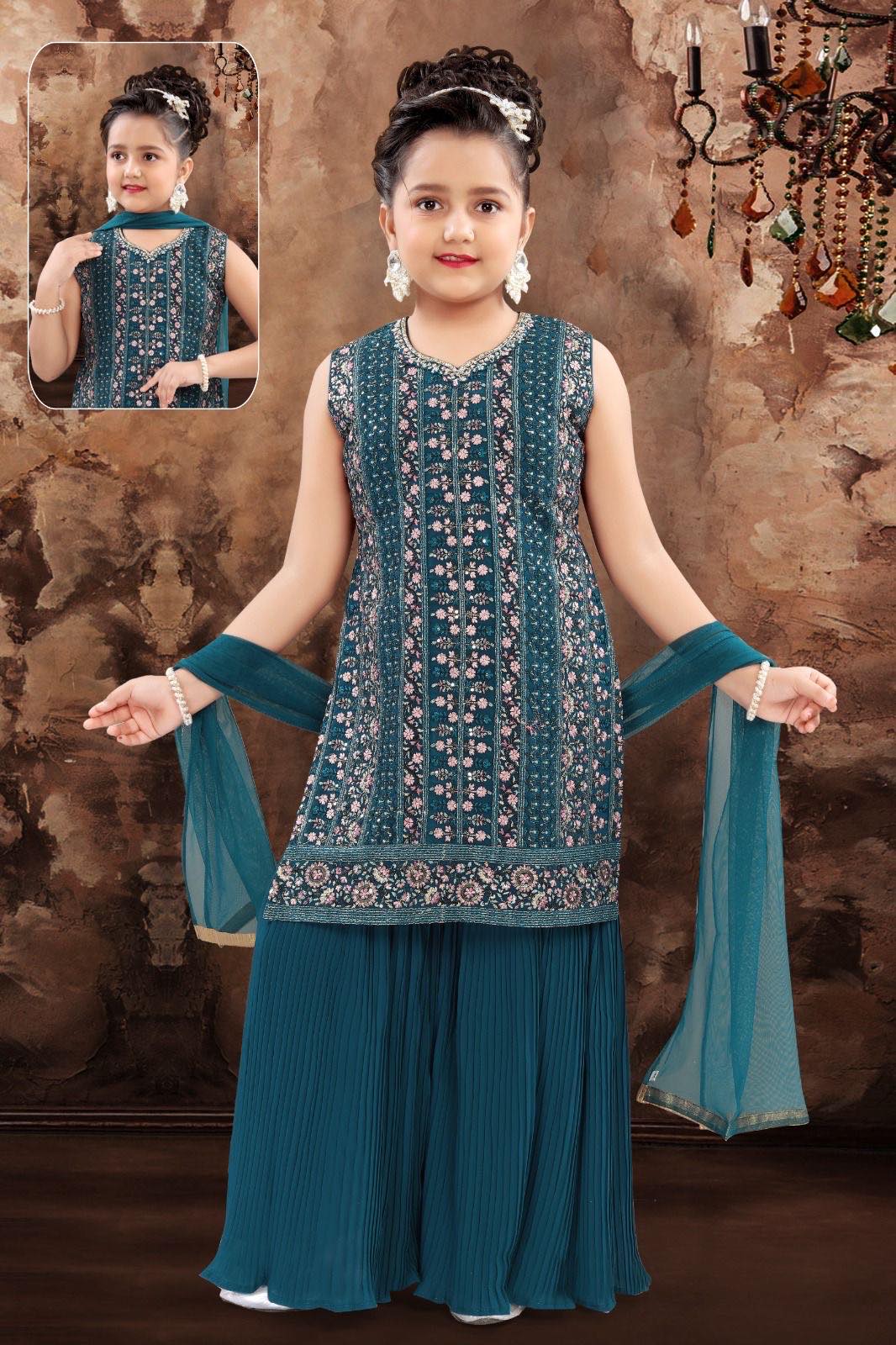 Crystal Teal Shade Palazzo Suit Dress with embroidery and Sequins for Girl, Indian Ethnic Outfit, GRL -1851