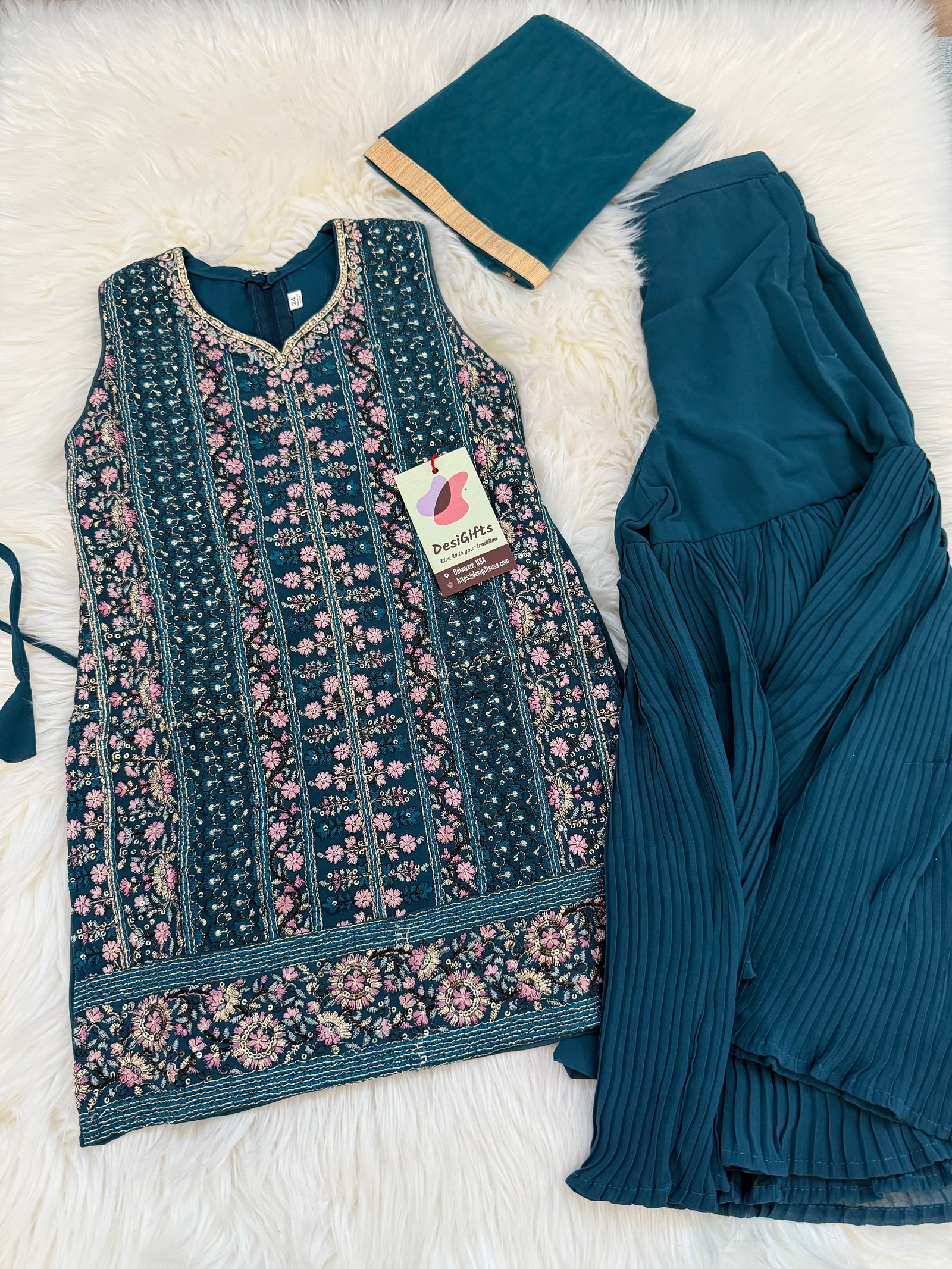 Crystal Teal Shade Palazzo Suit Dress with embroidery and Sequins for Girl, Indian Ethnic Outfit, GRL -1851