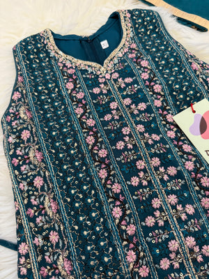 Crystal Teal Shade Palazzo Suit Dress with embroidery and Sequins for Girl, Indian Ethnic Outfit, GRL -1851