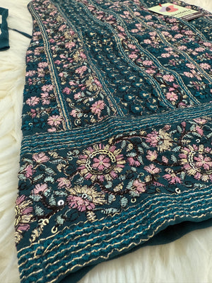 Crystal Teal Shade Palazzo Suit Dress with embroidery and Sequins for Girl, Indian Ethnic Outfit, GRL -1851