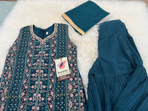 Crystal Teal Shade Palazzo Suit Dress with embroidery and Sequins for Girl, Indian Ethnic Outfit, GRL -1851