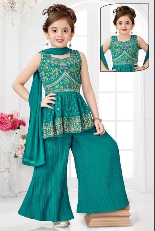 Teal Shade Indian Palazzo Ensemble – Long Embroidered Top with Palazzo Bottoms , GRL -1852
