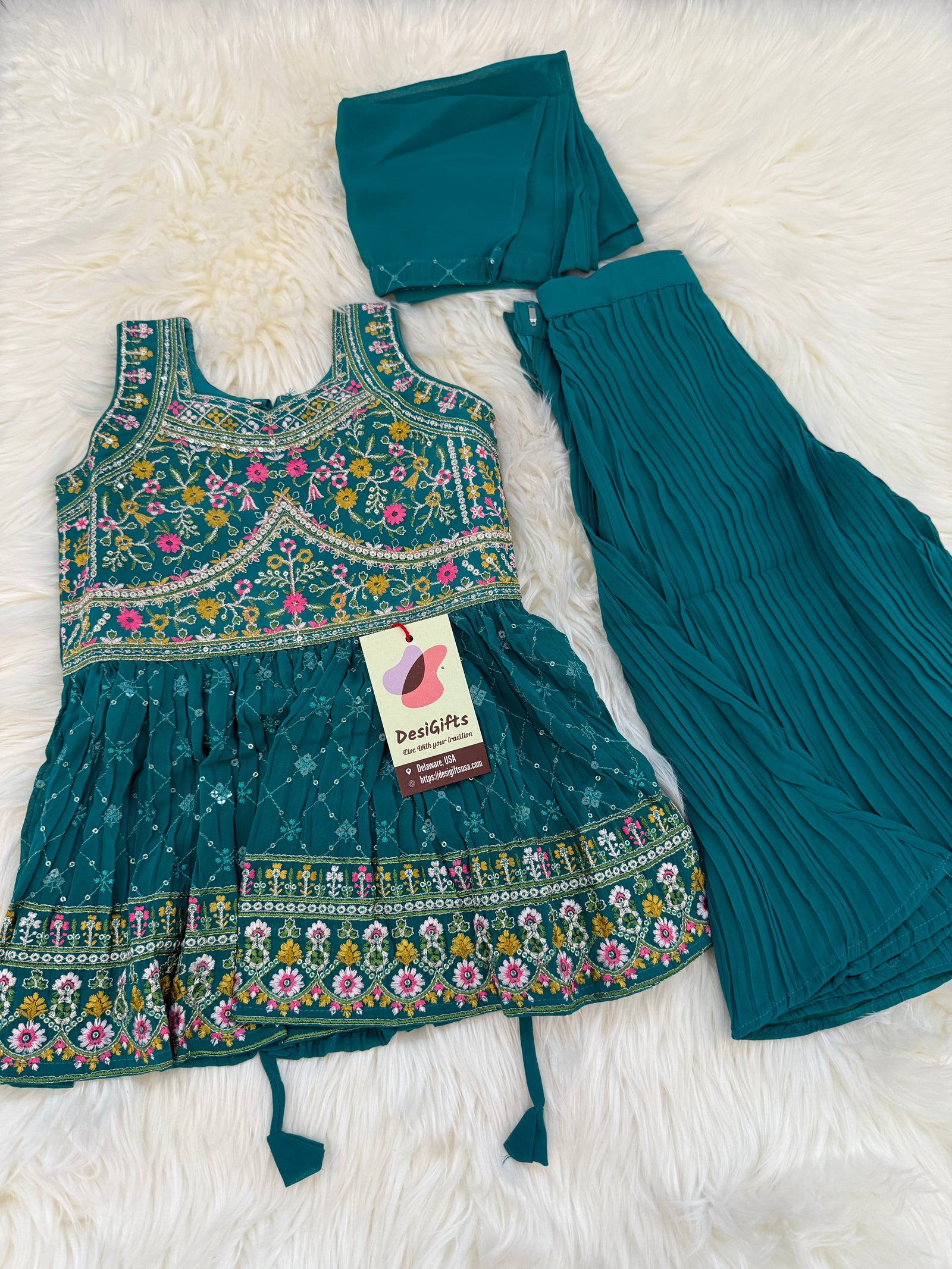 Teal Shade Indian Palazzo Ensemble – Long Embroidered Top with Palazzo Bottoms , GRL -1852