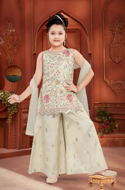 Girls’ Indian Ethnic Palazzo Suit –Ivory Cream with Intricate Embroidery and Sparkling Sequins GRL -1853