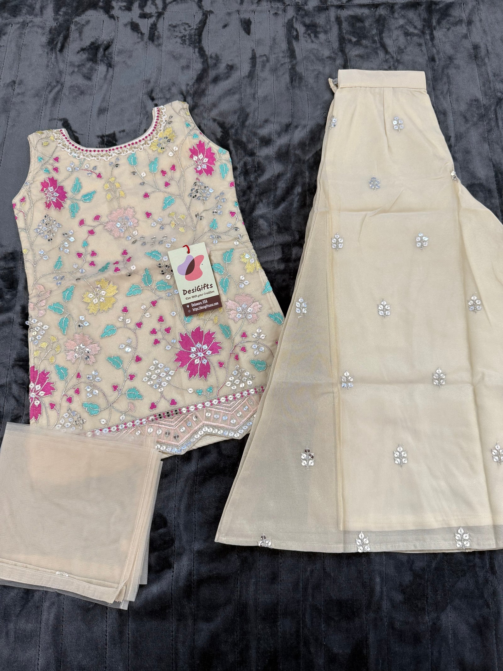 Girls’ Indian Ethnic Palazzo Suit –Ivory Cream with Intricate Embroidery and Sparkling Sequins GRL -1853