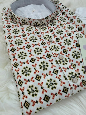 Men’s Off white/Cream Gujarati Garba Print Kurta Pajama Set | Traditional Navratri Festive Wear – Design 3066