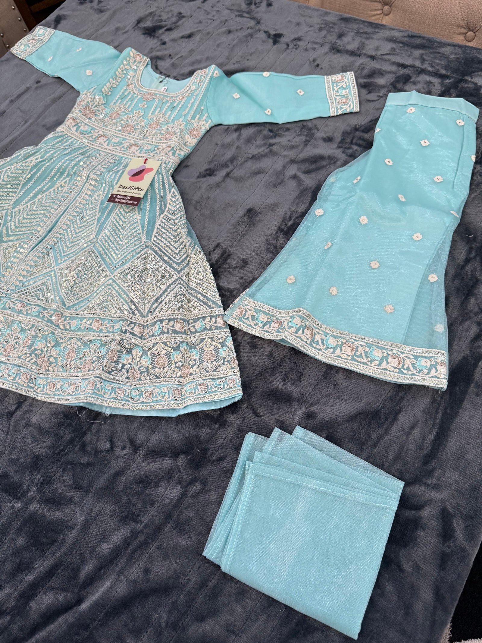 Heavy Chikankari Embroidery 3-Piece Indian Outfit for Girls – Trendy Ethnic Style, Design G- 1854