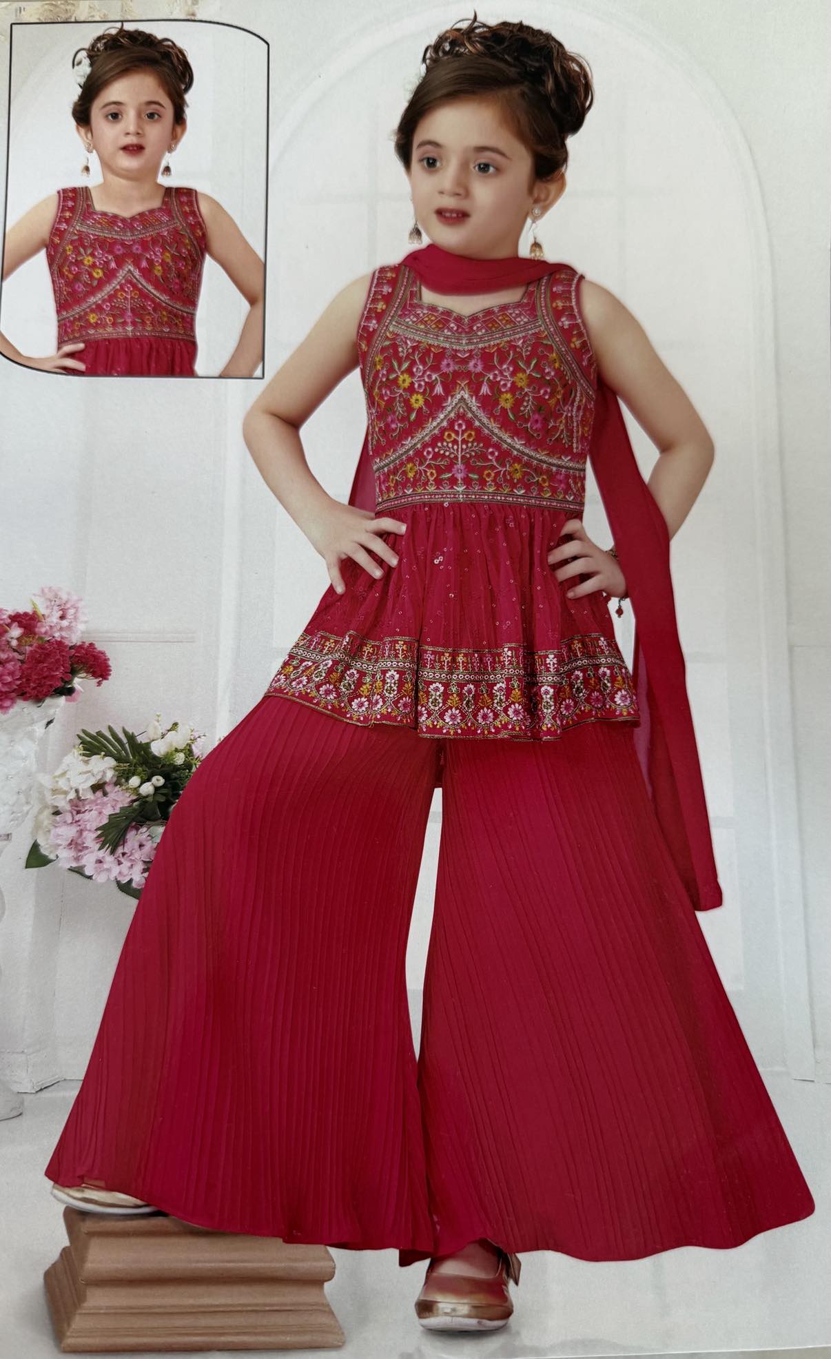 Toddler Girls' Traditional Indian Palazzo Set –Red Shade Long Embroidered Top with Palazzo , GRL -1856