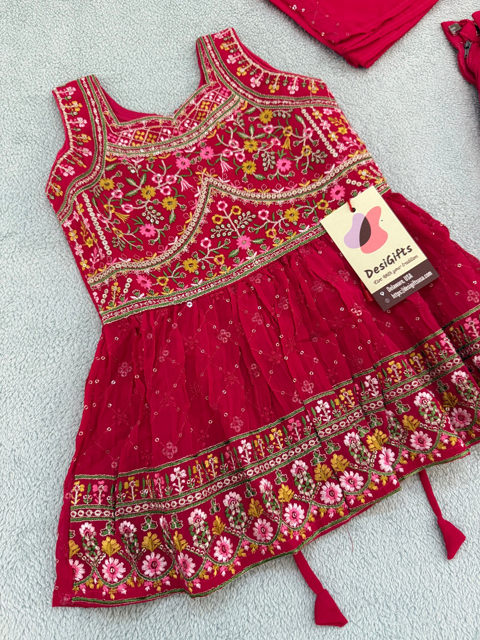 Toddler Girls' Traditional Indian Palazzo Set –Red Shade Long Embroidered Top with Palazzo , GRL -1856