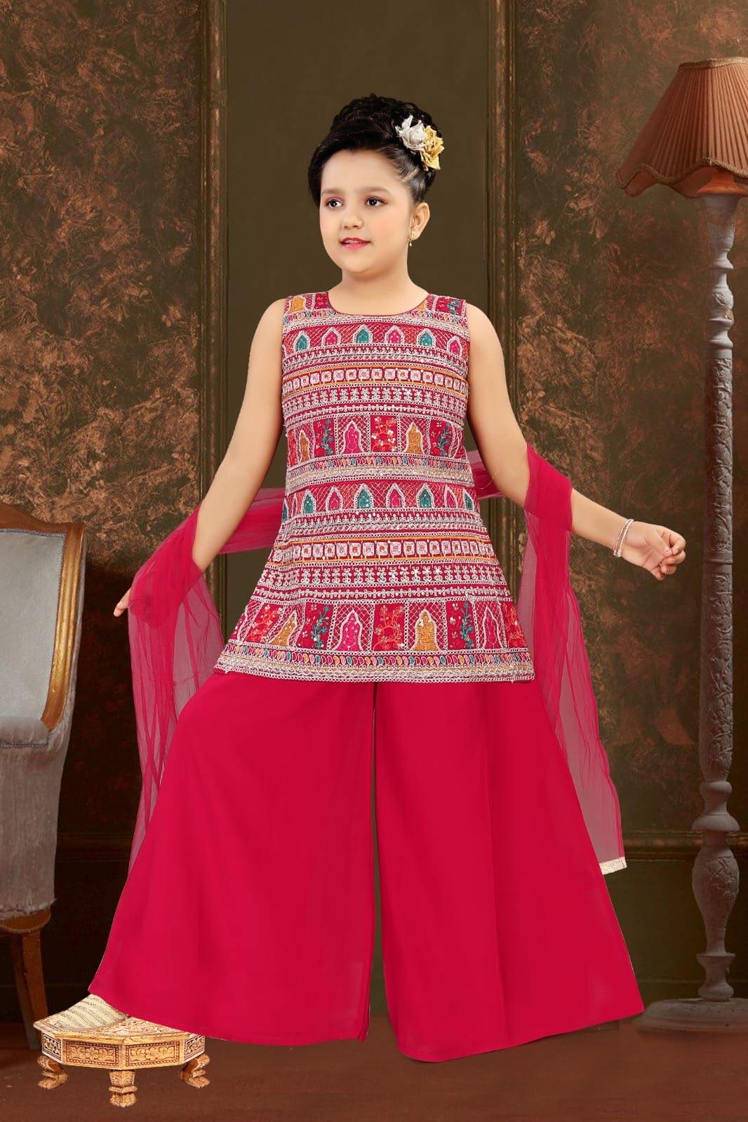 Girls’ Indian Ethnic Palazzo Suit – Bright Red Shade with Heavy Embroidery & Sequins, GRL -1857