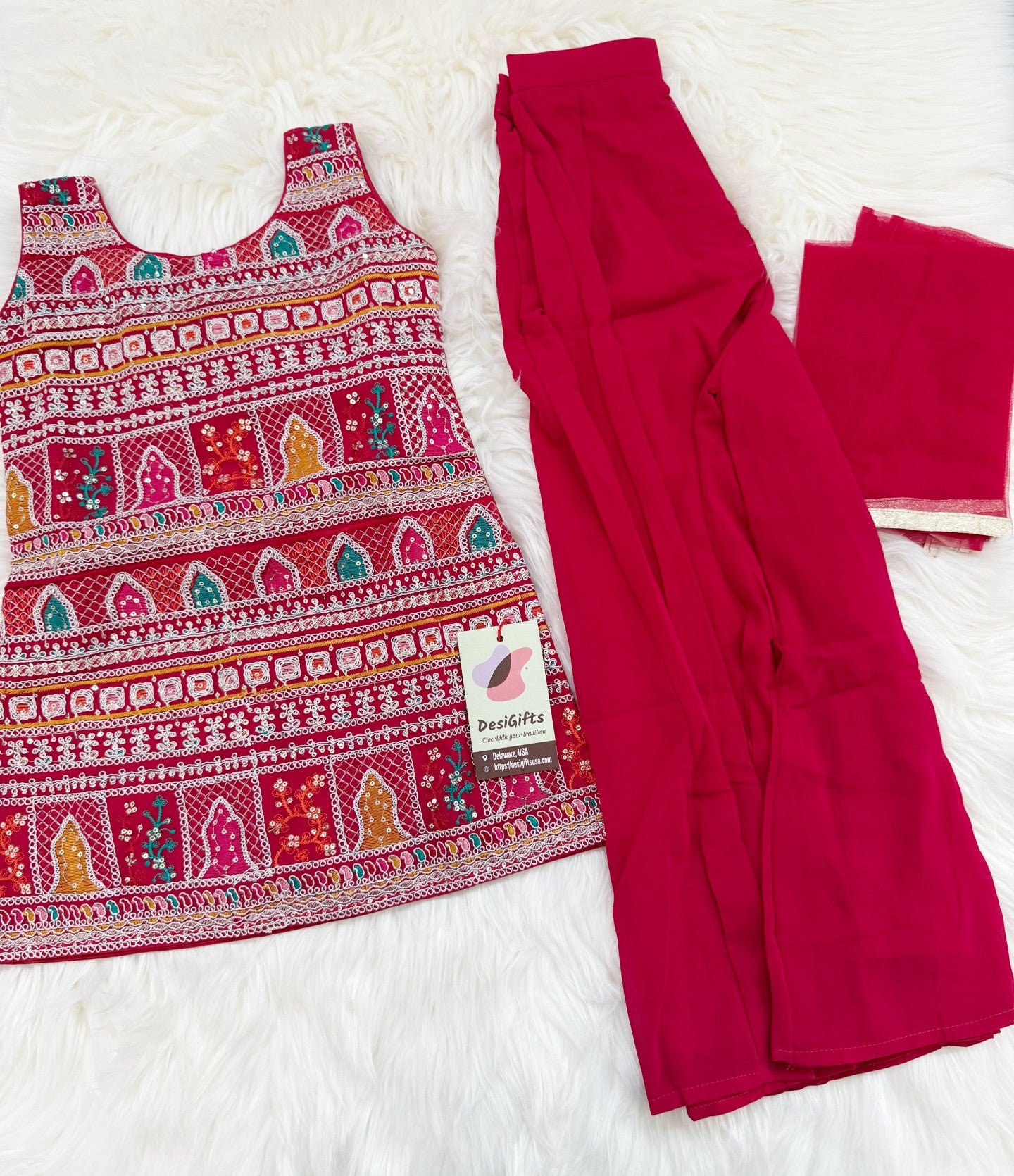 Girls’ Indian Ethnic Palazzo Suit – Bright Red Shade with Heavy Embroidery & Sequins, GRL -1857
