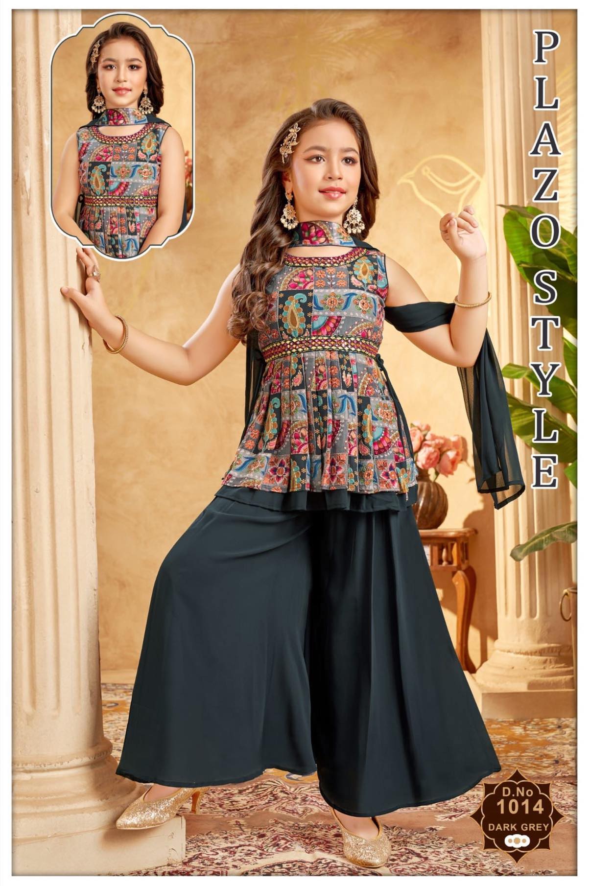 Girls' Traditional Indian Palazzo Set – Dark Grayish Navy Long Top with Colorful Embellishments, GRL -1858