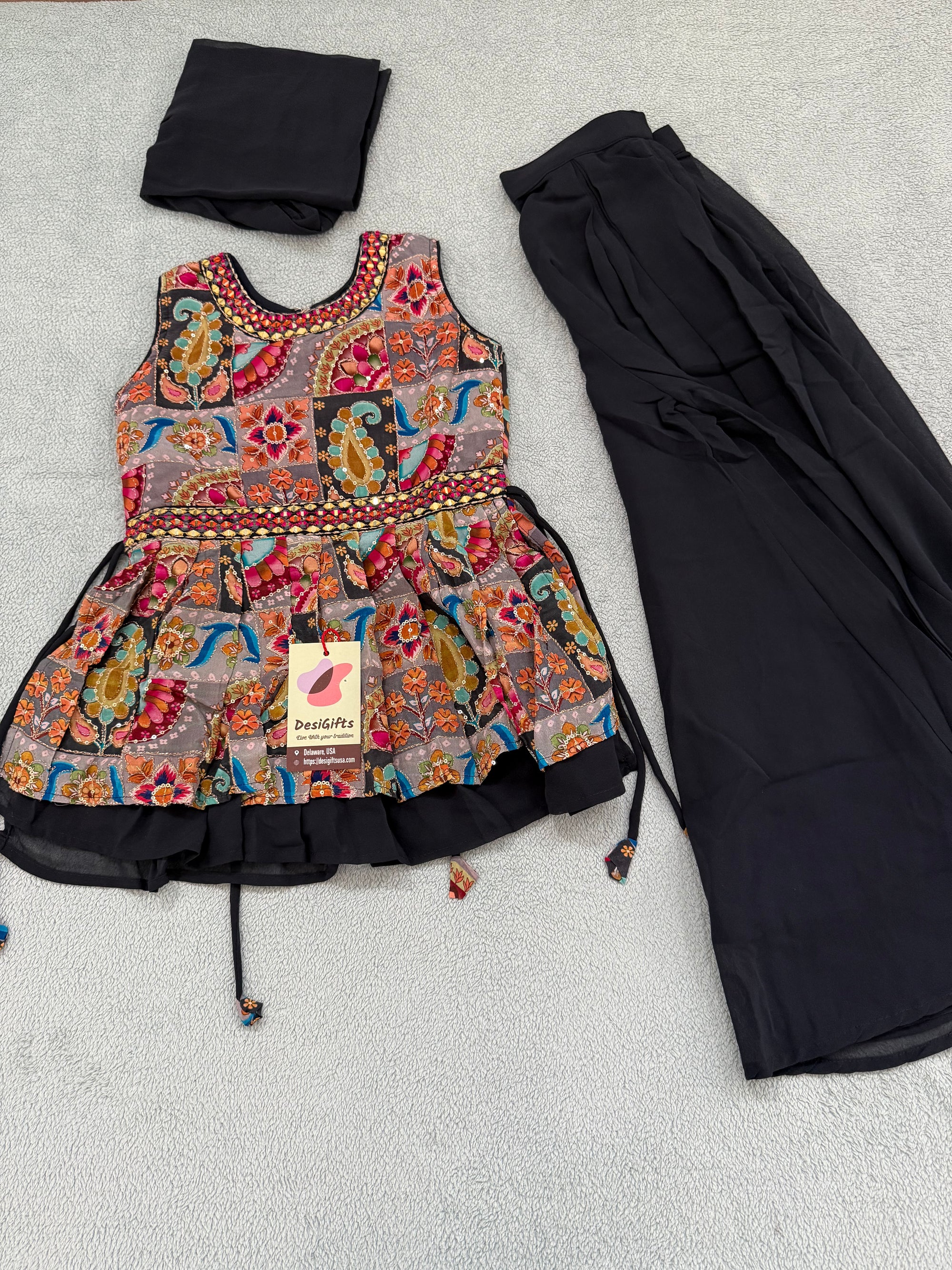 Girls' Traditional Indian Palazzo Set – Dark Grayish Navy Long Top with Colorful Embellishments, GRL -1858