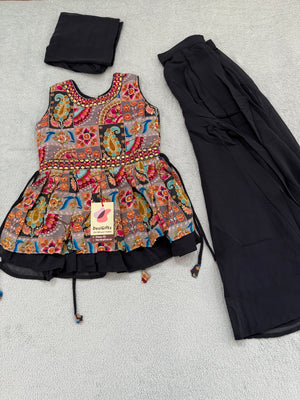 Girls' Traditional Indian Palazzo Set – Dark Grayish Navy Long Top with Colorful Embellishments, GRL -1858