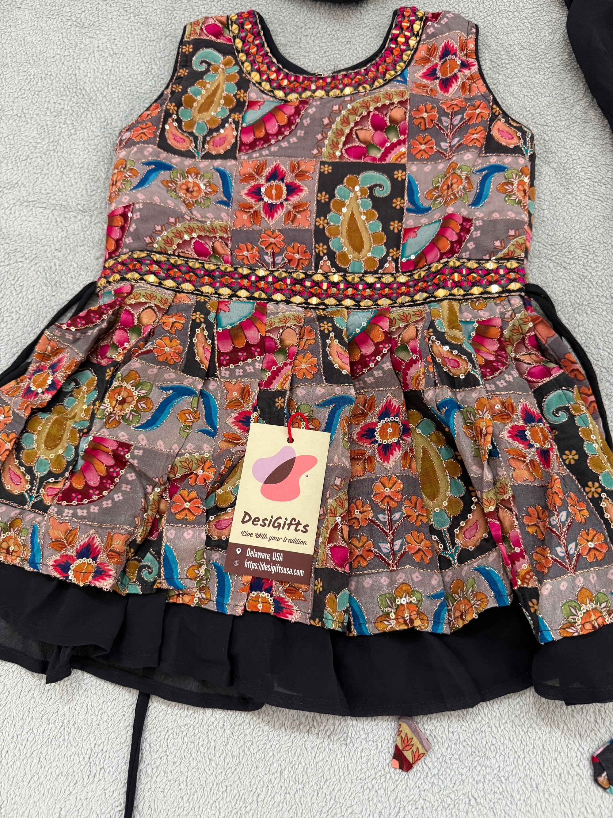 Girls' Traditional Indian Palazzo Set – Dark Grayish Navy Long Top with Colorful Embellishments, GRL -1858
