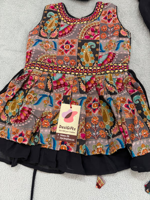 Girls' Traditional Indian Palazzo Set – Dark Grayish Navy Long Top with Colorful Embellishments, GRL -1858