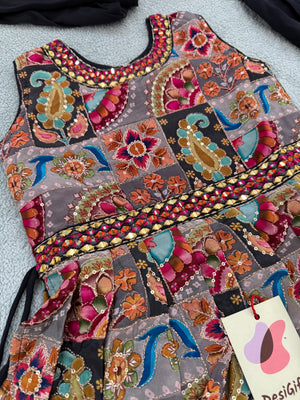 Girls' Traditional Indian Palazzo Set – Dark Grayish Navy Long Top with Colorful Embellishments, GRL -1858