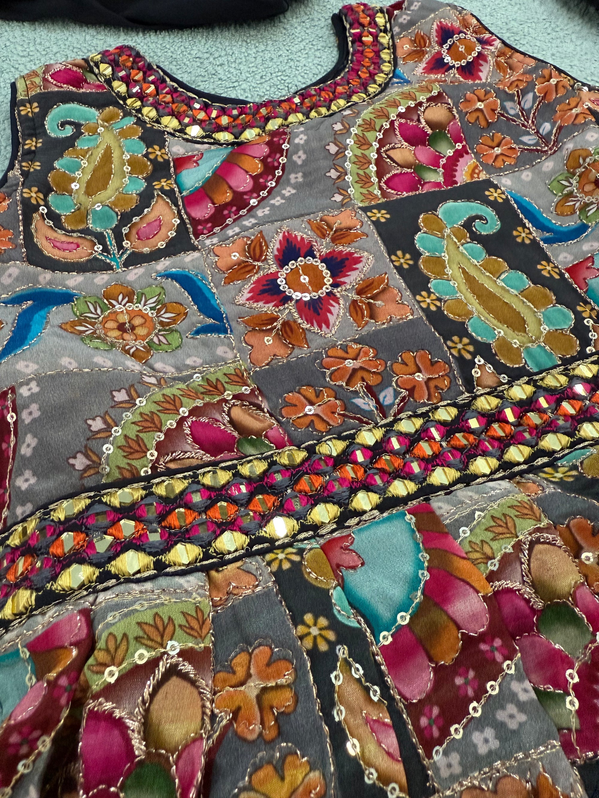 Girls' Traditional Indian Palazzo Set – Dark Grayish Navy Long Top with Colorful Embellishments, GRL -1858