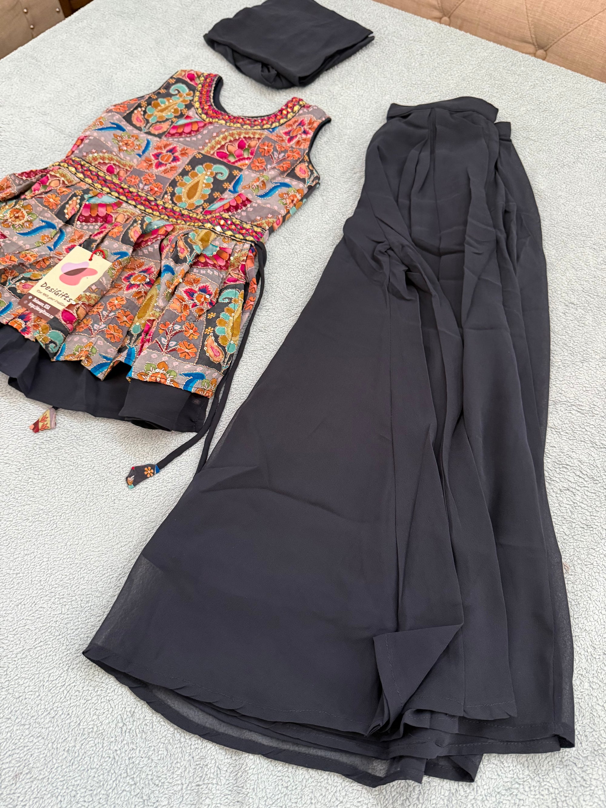 Girls' Traditional Indian Palazzo Set – Dark Grayish Navy Long Top with Colorful Embellishments, GRL -1858