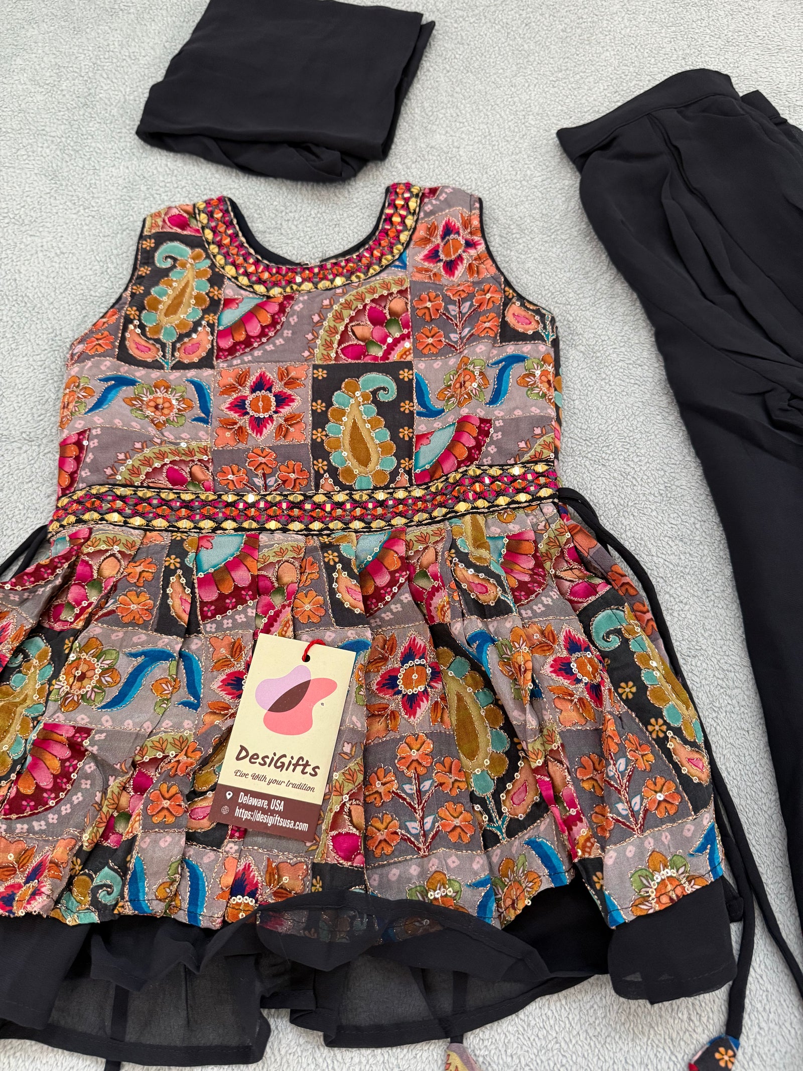 Girls' Traditional Indian Palazzo Set – Dark Grayish Navy Long Top with Colorful Embellishments, GRL -1858