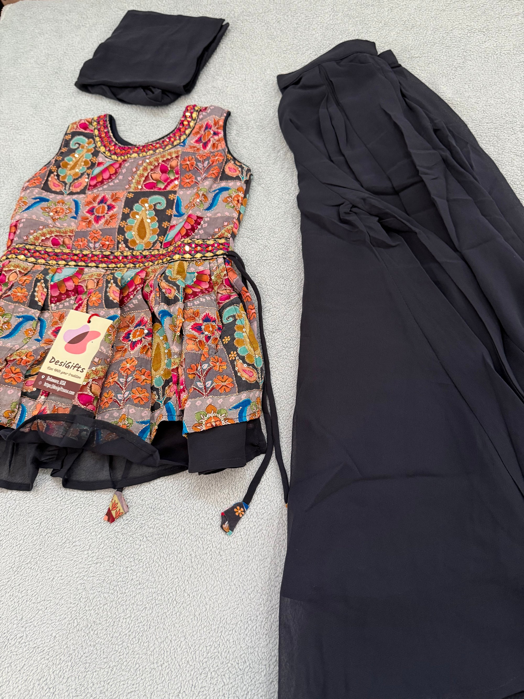 Girls' Traditional Indian Palazzo Set – Dark Grayish Navy Long Top with Colorful Embellishments, GRL -1858