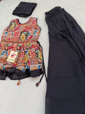 Girls' Traditional Indian Palazzo Set – Dark Grayish Navy Long Top with Colorful Embellishments, GRL -1858