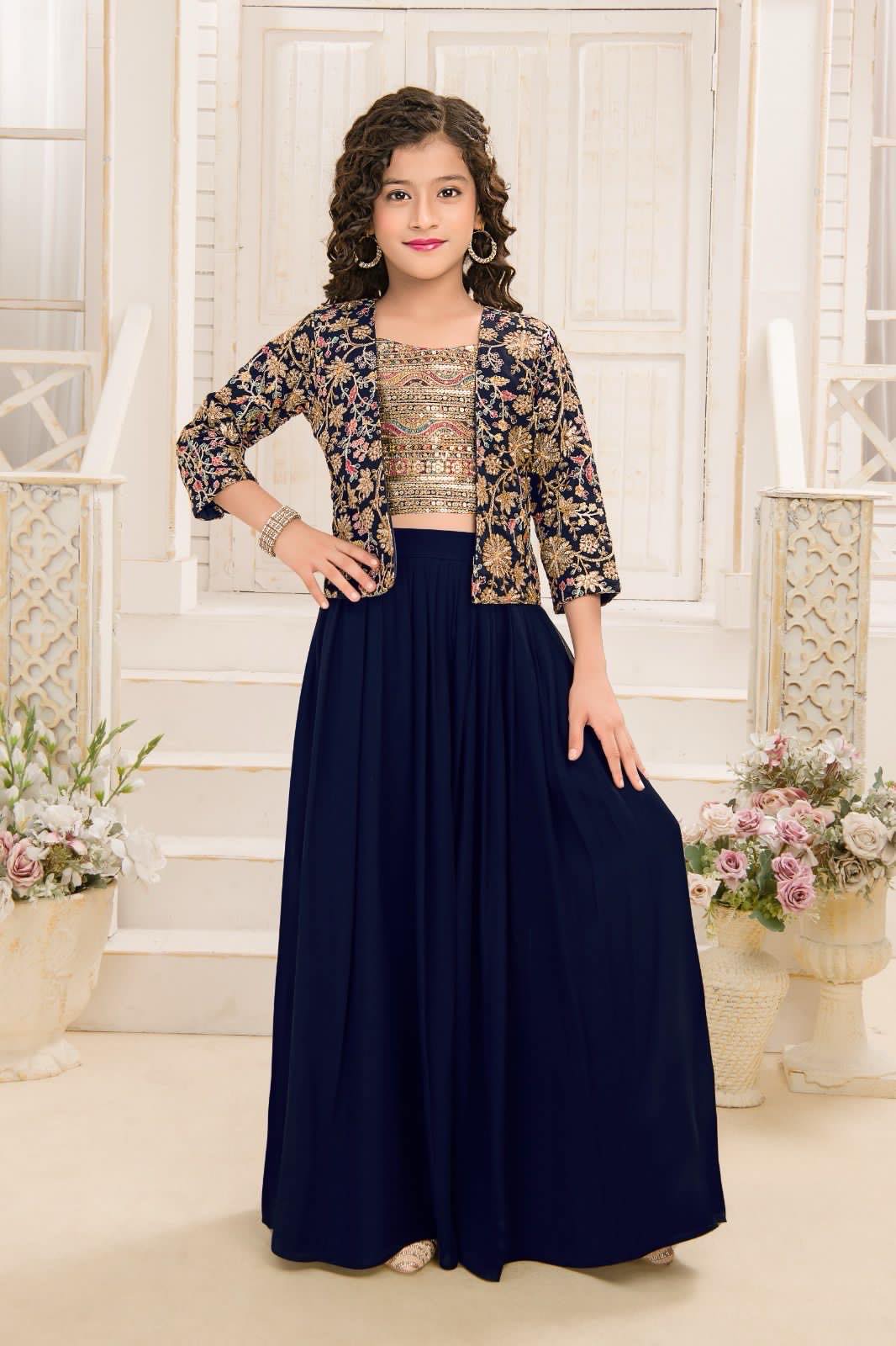 Classy Embroidered Top with Jacket, Palazzo & Dupatta Set for Girl in Black Shade, Indian traditional Girl Dress, GRL - 1859