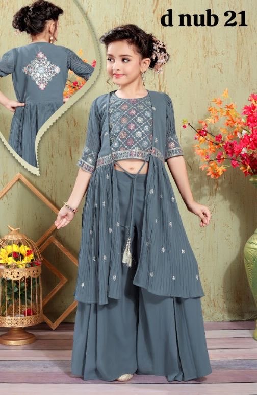 Festive Lehnga Choli with Jacket, Indian traditional festive outfit for Princess in Gray Shade, Girl Design GRL - 1860