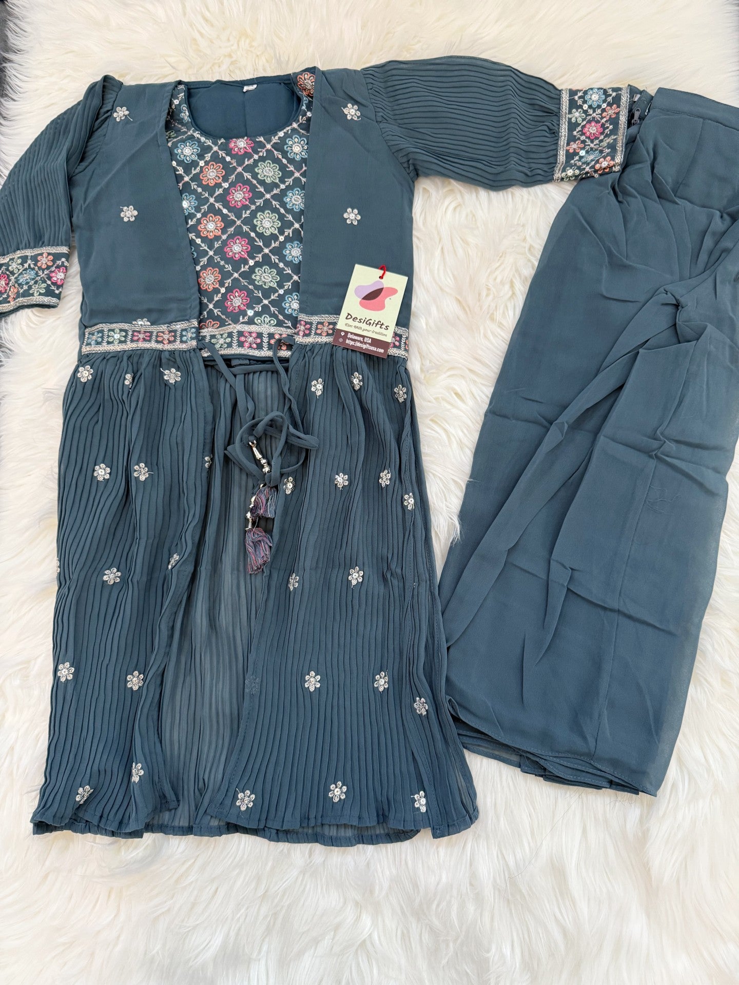 Festive Lehnga Choli with Jacket, Indian traditional festive outfit for Princess in Gray Shade, Girl Design GRL - 1860