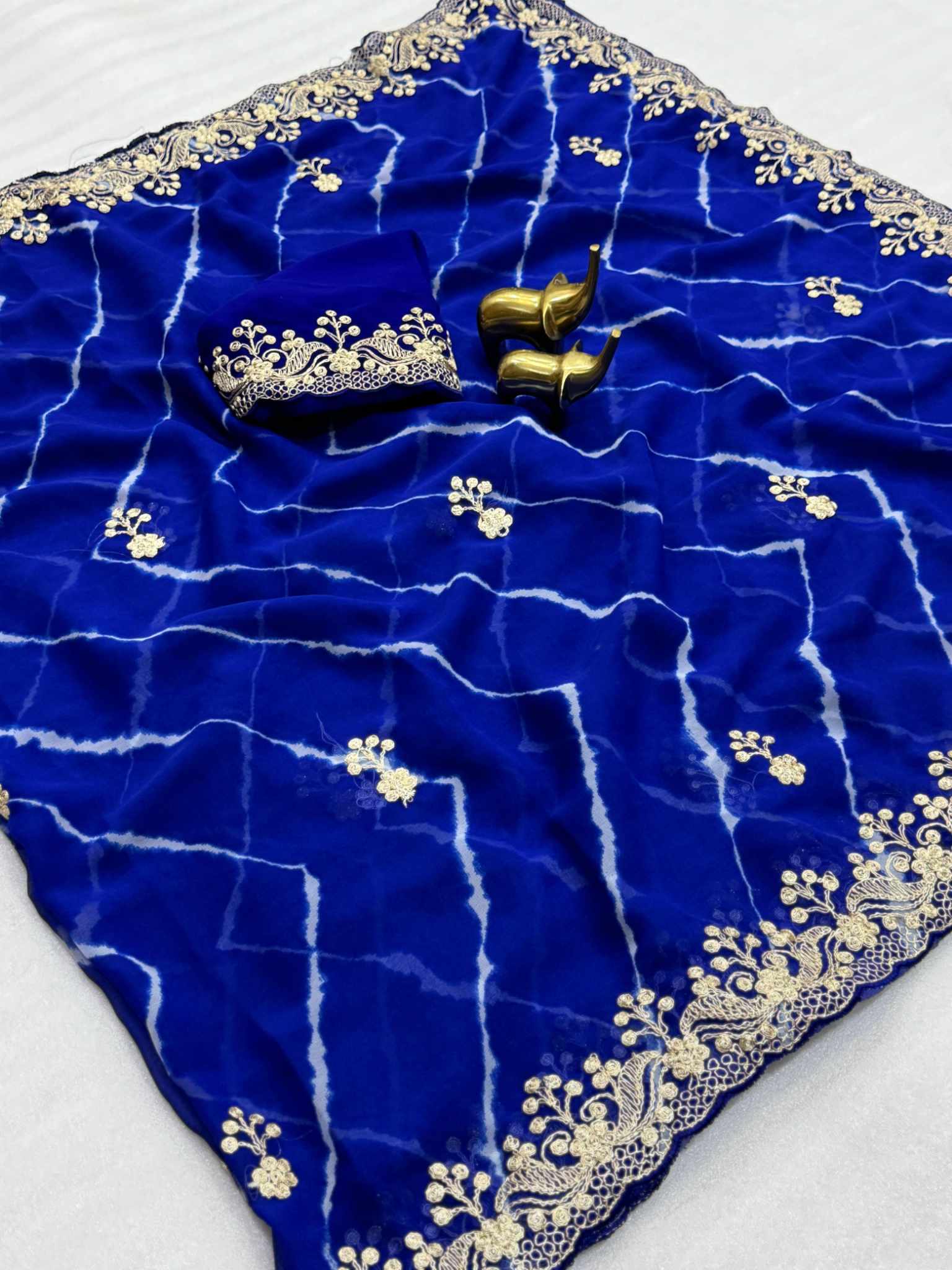 Georgette Sari with Sibori Print and Embroidery cut Work, Ready-Stitched Blouse, Fall & Pico, Designer Saree, S- 1865