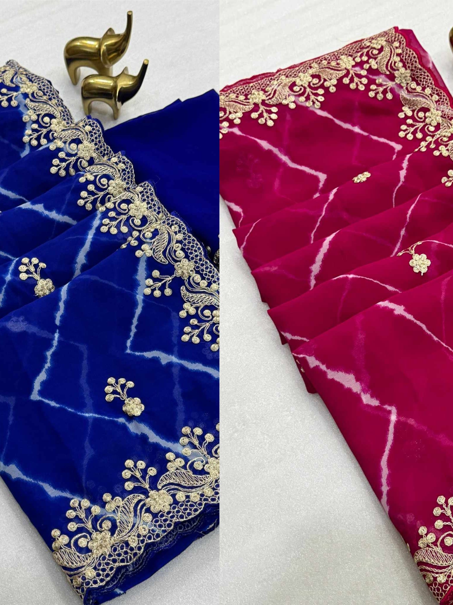 Georgette Sari with Sibori Print and Embroidery cut Work, Ready-Stitched Blouse, Fall & Pico, Designer Saree, S- 1865