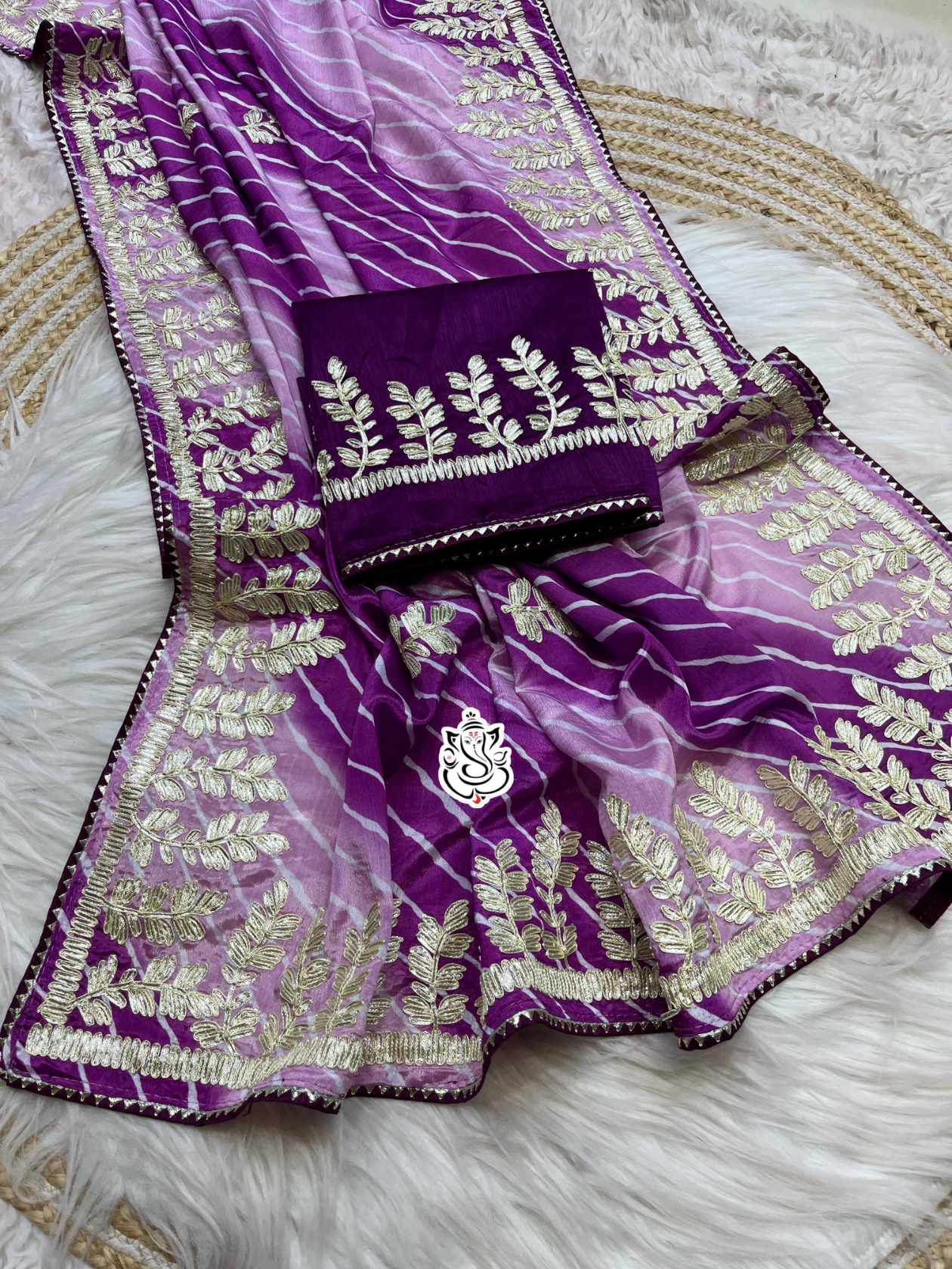 Soft Chinon Silk Lehriya Saree with Ribbon Gota Buti Work, Ready-Stitched Blouse, Fall & Pico, Elegant Designer Sari, S- 1866