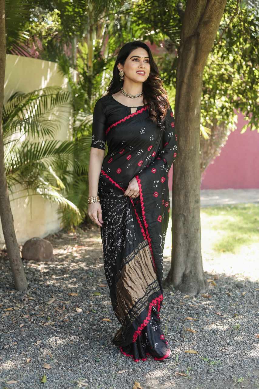 Bandhej Silk Saree with Bandhani Border and Pallu, Ready-Stitched Blouse, Fall & Pico, Stylish Bandhani Designer Sari S- 1867