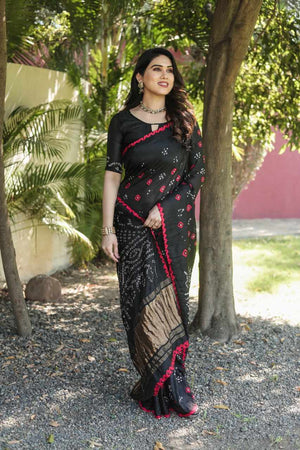 Bandhej Silk Saree with Bandhani Border and Pallu, Ready-Stitched Blouse, Fall & Pico, Stylish Bandhani Designer Sari S- 1867
