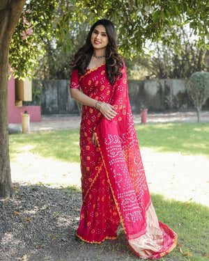 Bandhej Silk Saree with Bandhani Border and Pallu, Ready-Stitched Blouse, Fall & Pico, Stylish Bandhani Designer Sari S- 1867
