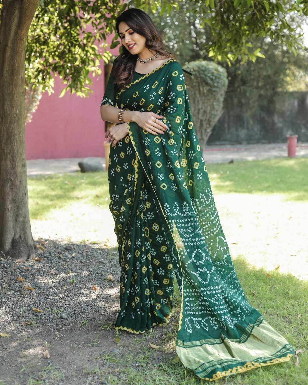 Bandhej Silk Saree with Bandhani Border and Pallu, Ready-Stitched Blouse, Fall & Pico, Stylish Bandhani Designer Sari S- 1867