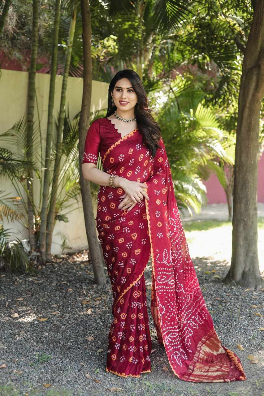 Bandhej Silk Saree with Bandhani Border and Pallu, Ready-Stitched Blouse, Fall & Pico, Stylish Bandhani Designer Sari S- 1867