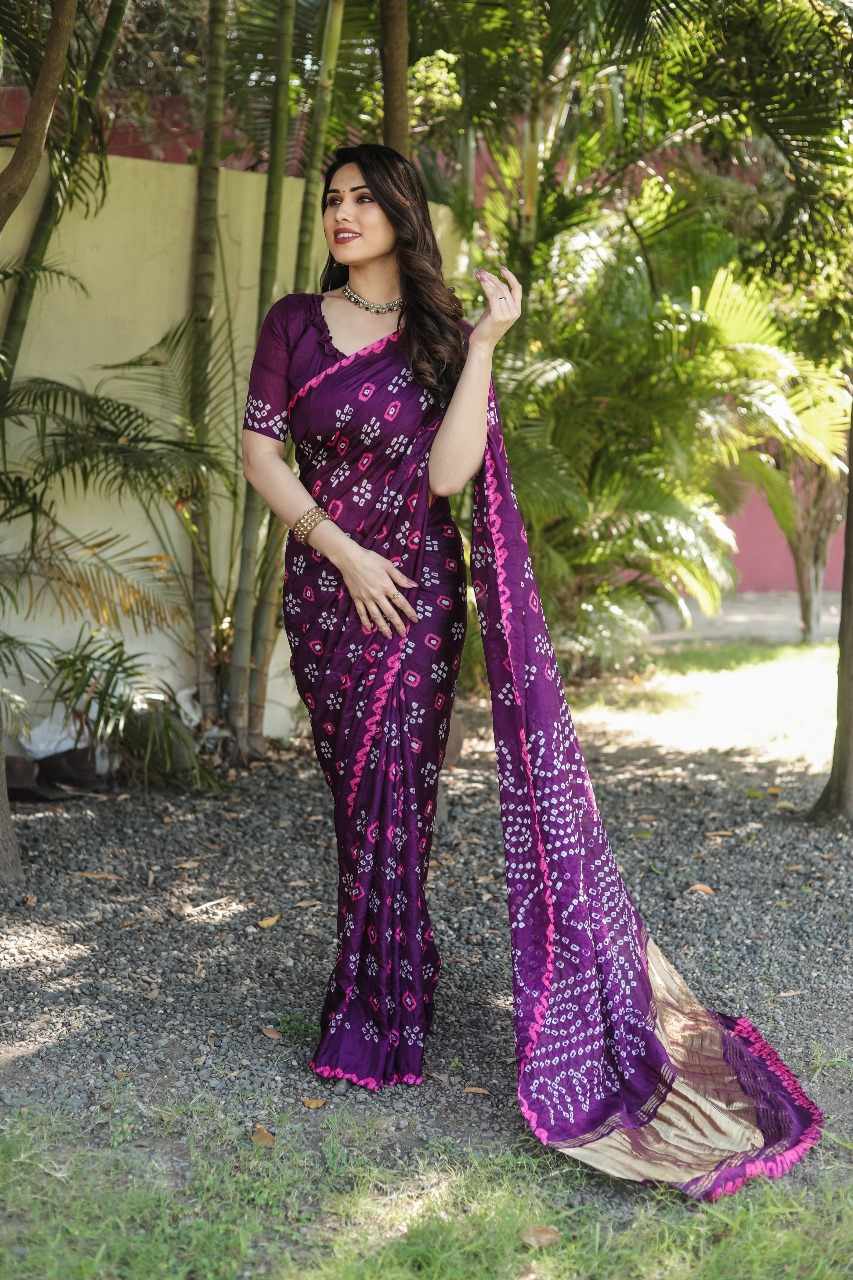 Bandhej Silk Saree with Bandhani Border and Pallu, Ready-Stitched Blouse, Fall & Pico, Stylish Bandhani Designer Sari S- 1867