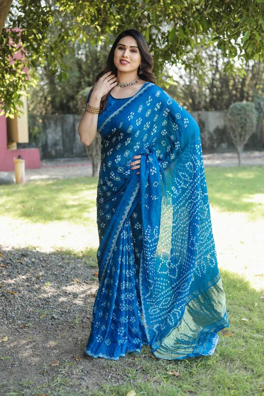 Bandhej Silk Saree with Bandhani Border and Pallu, Ready-Stitched Blouse, Fall & Pico, Stylish Bandhani Designer Sari S- 1867
