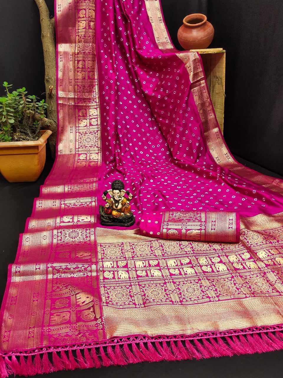 Bandhej Silk Saree with Kanjivaram Border, Ready-Stitched Blouse, Fall & Pico, Stylish Bandhani Designer Sari S- 1868