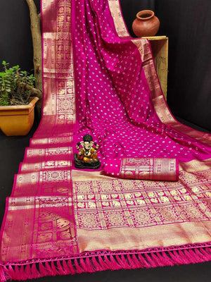 Bandhej Silk Saree with Kanjivaram Border, Ready-Stitched Blouse, Fall & Pico, Stylish Bandhani Designer Sari S- 1868