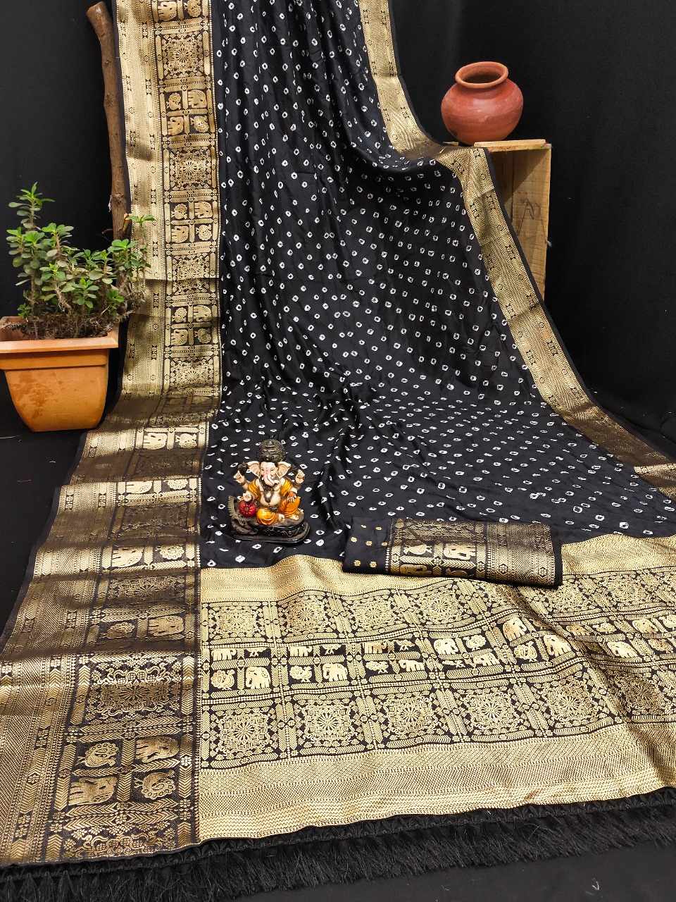 Bandhej Silk Saree with Kanjivaram Border, Ready-Stitched Blouse, Fall & Pico, Stylish Bandhani Designer Sari S- 1868