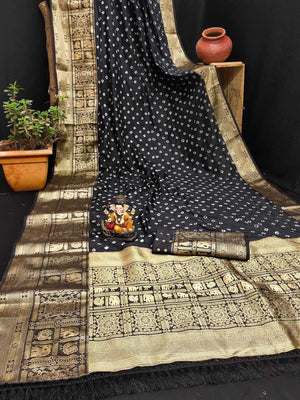 Bandhej Silk Saree with Kanjivaram Border, Ready-Stitched Blouse, Fall & Pico, Stylish Bandhani Designer Sari S- 1868