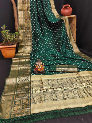 Bandhej Silk Saree with Kanjivaram Border, Ready-Stitched Blouse, Fall & Pico, Stylish Bandhani Designer Sari S- 1868