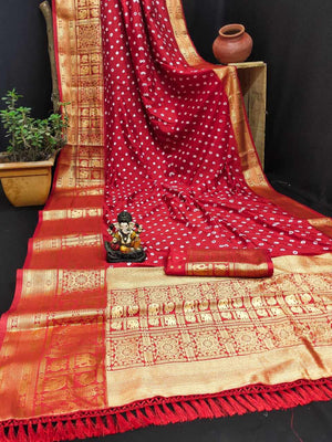 Bandhej Silk Saree with Kanjivaram Border, Ready-Stitched Blouse, Fall & Pico, Stylish Bandhani Designer Sari S- 1868