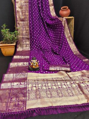 Bandhej Silk Saree with Kanjivaram Border, Ready-Stitched Blouse, Fall & Pico, Stylish Bandhani Designer Sari S- 1868
