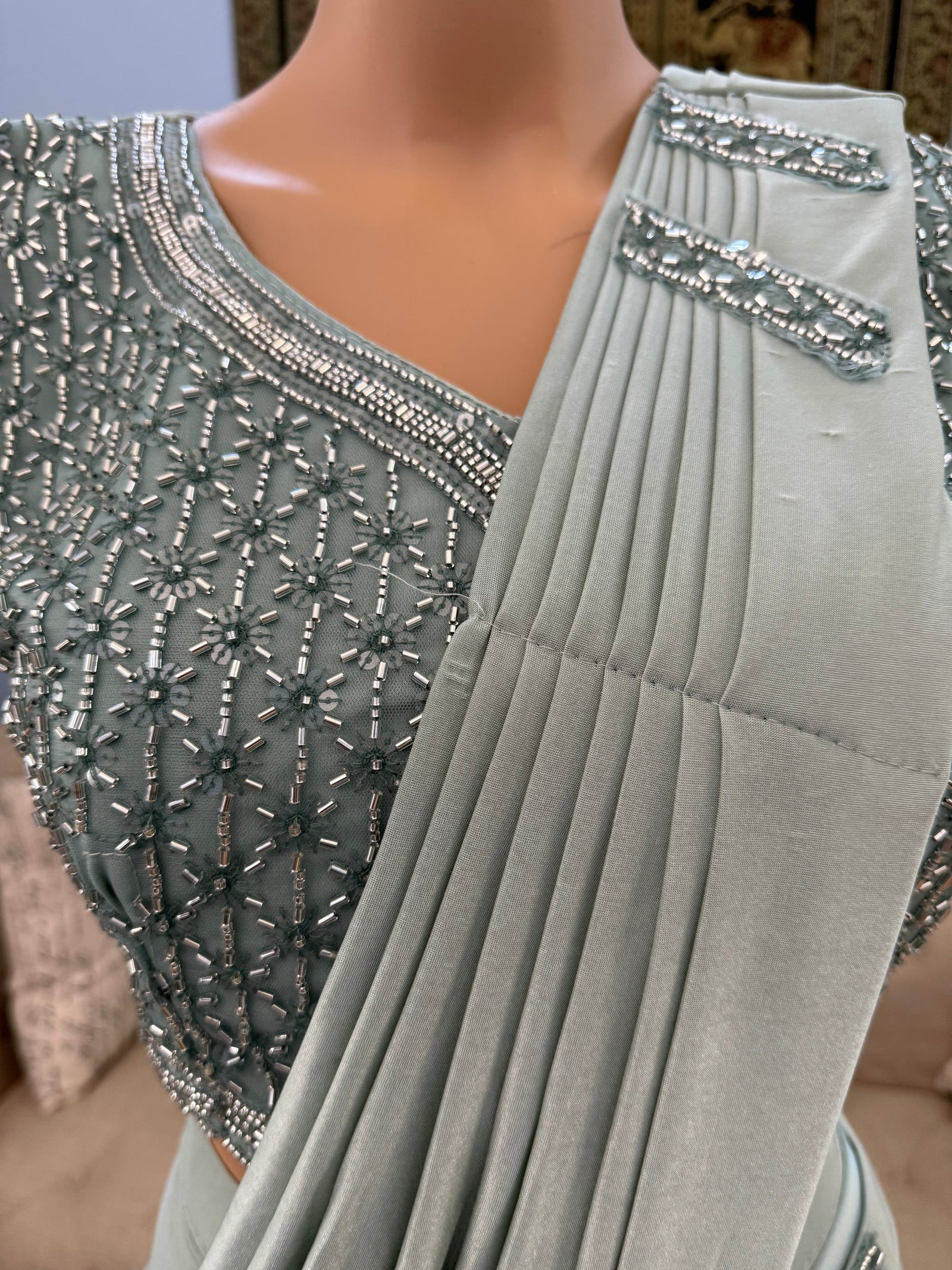 Readymade Pre-Stitched Saree, Ready to wear Sari  in Pista Green Shade  Indian Ethnic Sari, GRL - 1872