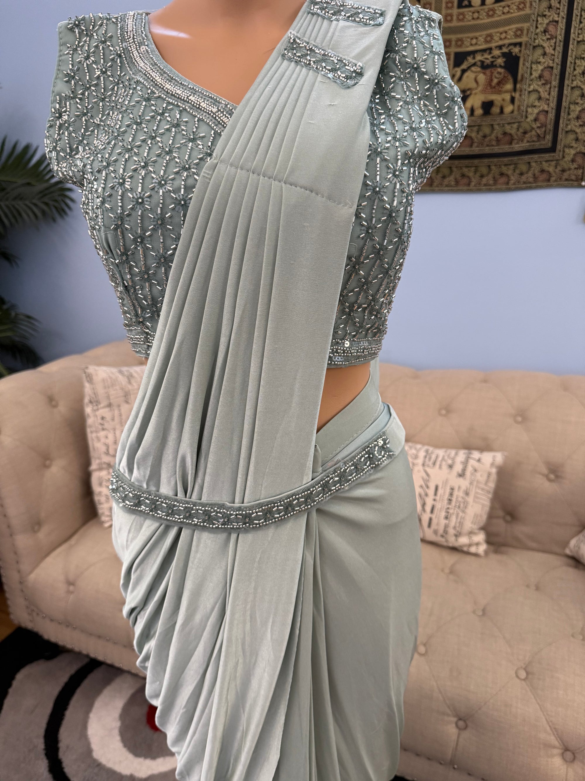 Readymade Pre-Stitched Saree, Ready to wear Sari  in Pista Green Shade  Indian Ethnic Sari, GRL - 1872