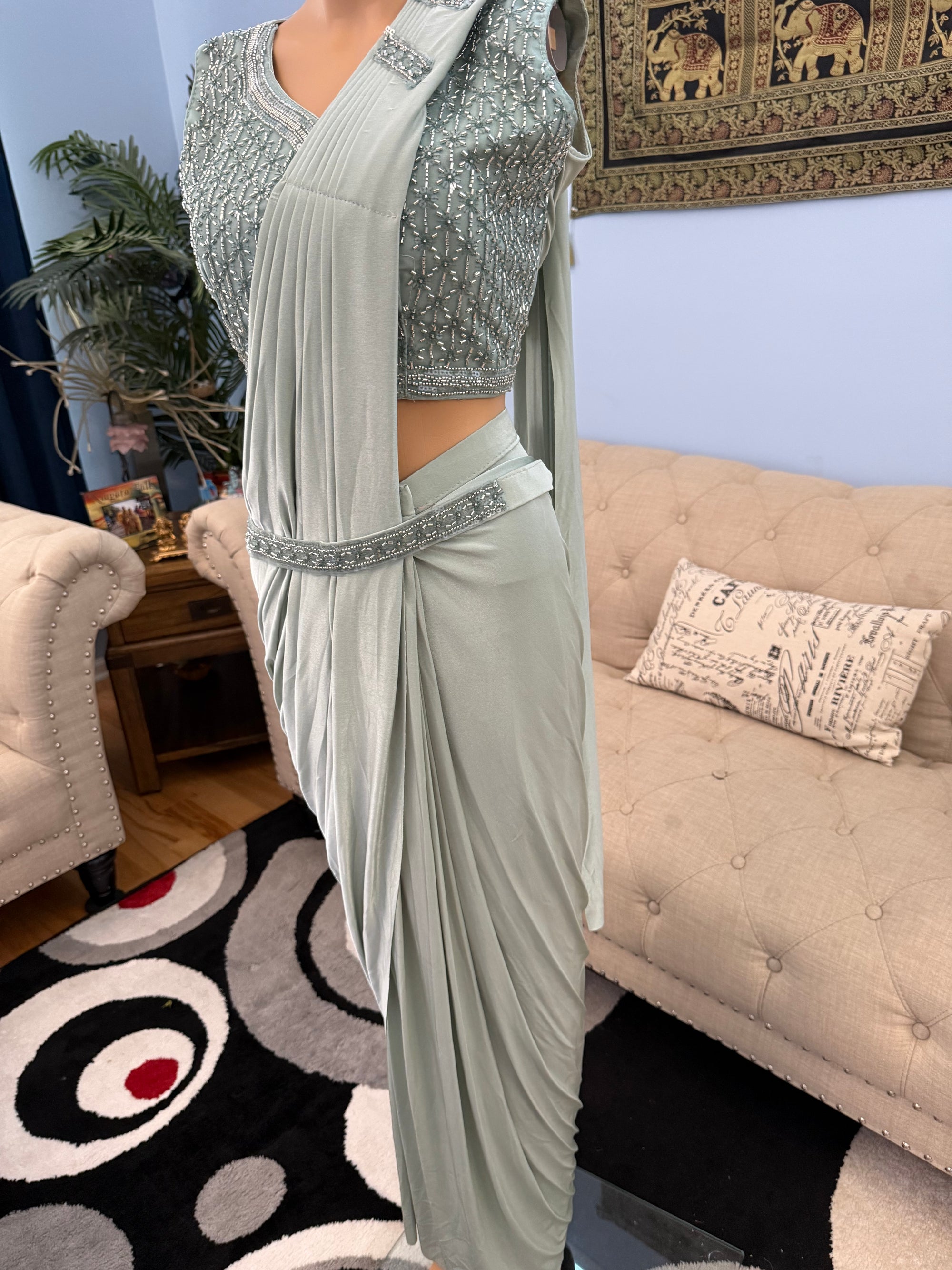 Readymade Pre-Stitched Saree, Ready to wear Sari  in Pista Green Shade  Indian Ethnic Sari, GRL - 1872
